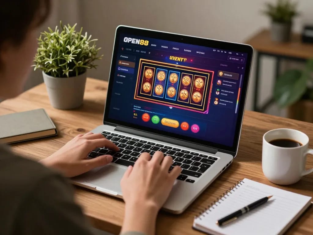 Engaging online gaming experience at open88 with user interacting with lively virtual casino interface.