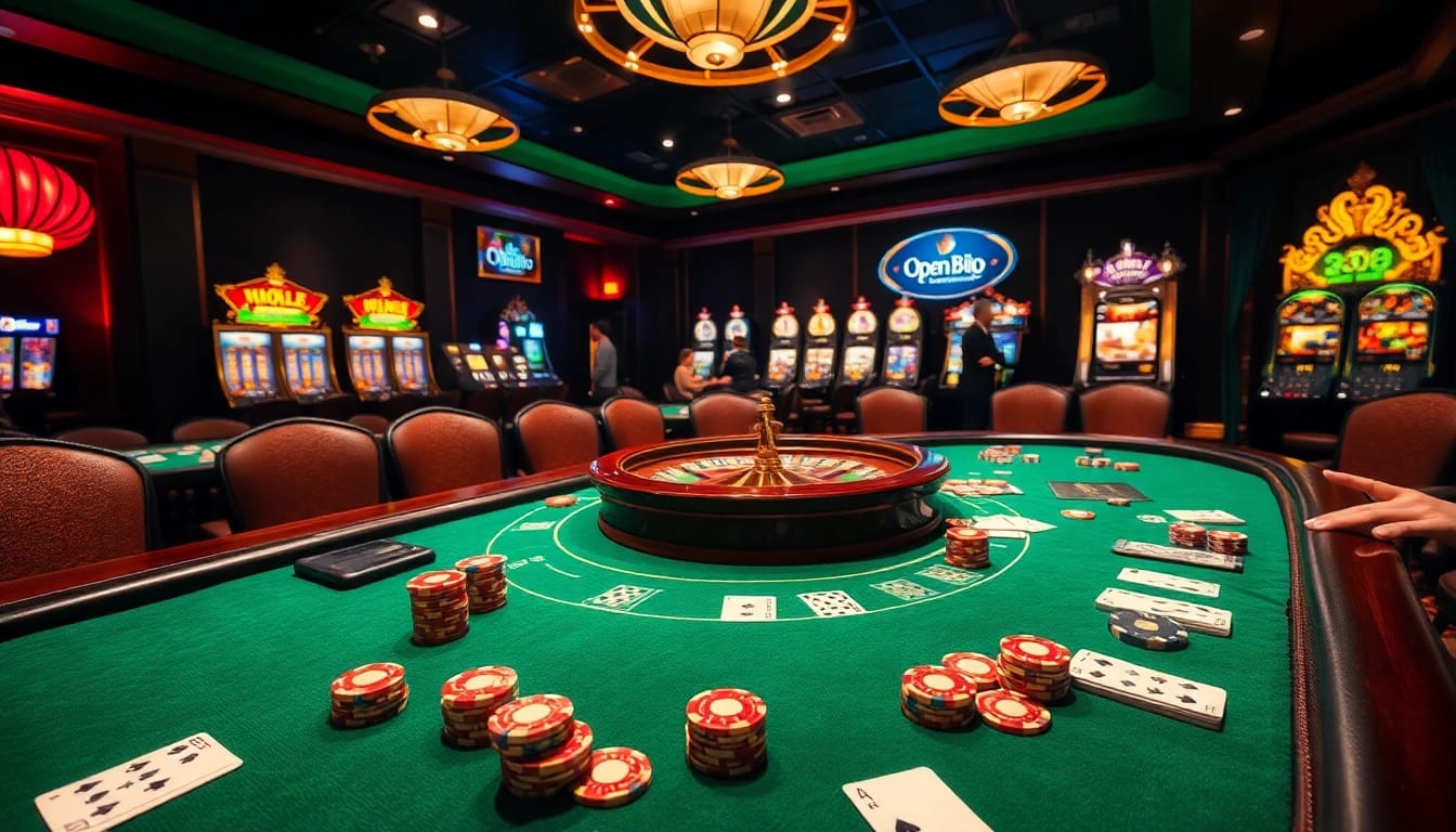 Experience the excitement of open88 with vibrant casino tables, poker chips, and a spinning roulette wheel.
