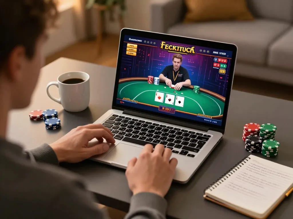 Player engaging in mn88 online poker game while surrounded by strategic notes and a warm coffee.