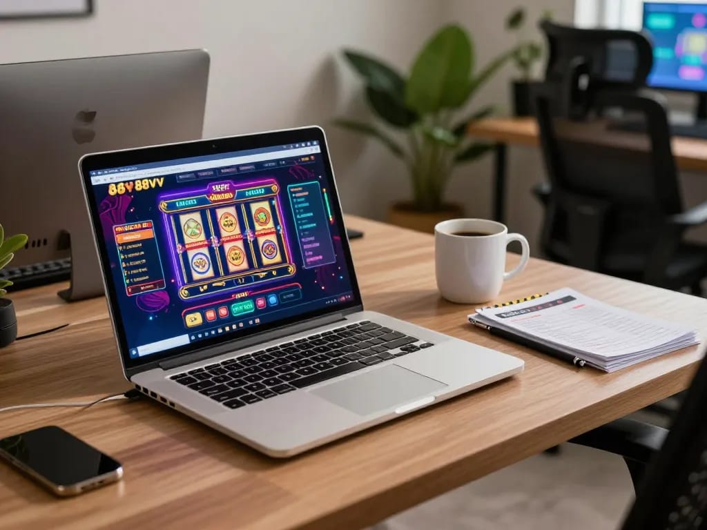 Experience dynamic online gaming with 88vv casino interface in a modern home office setup