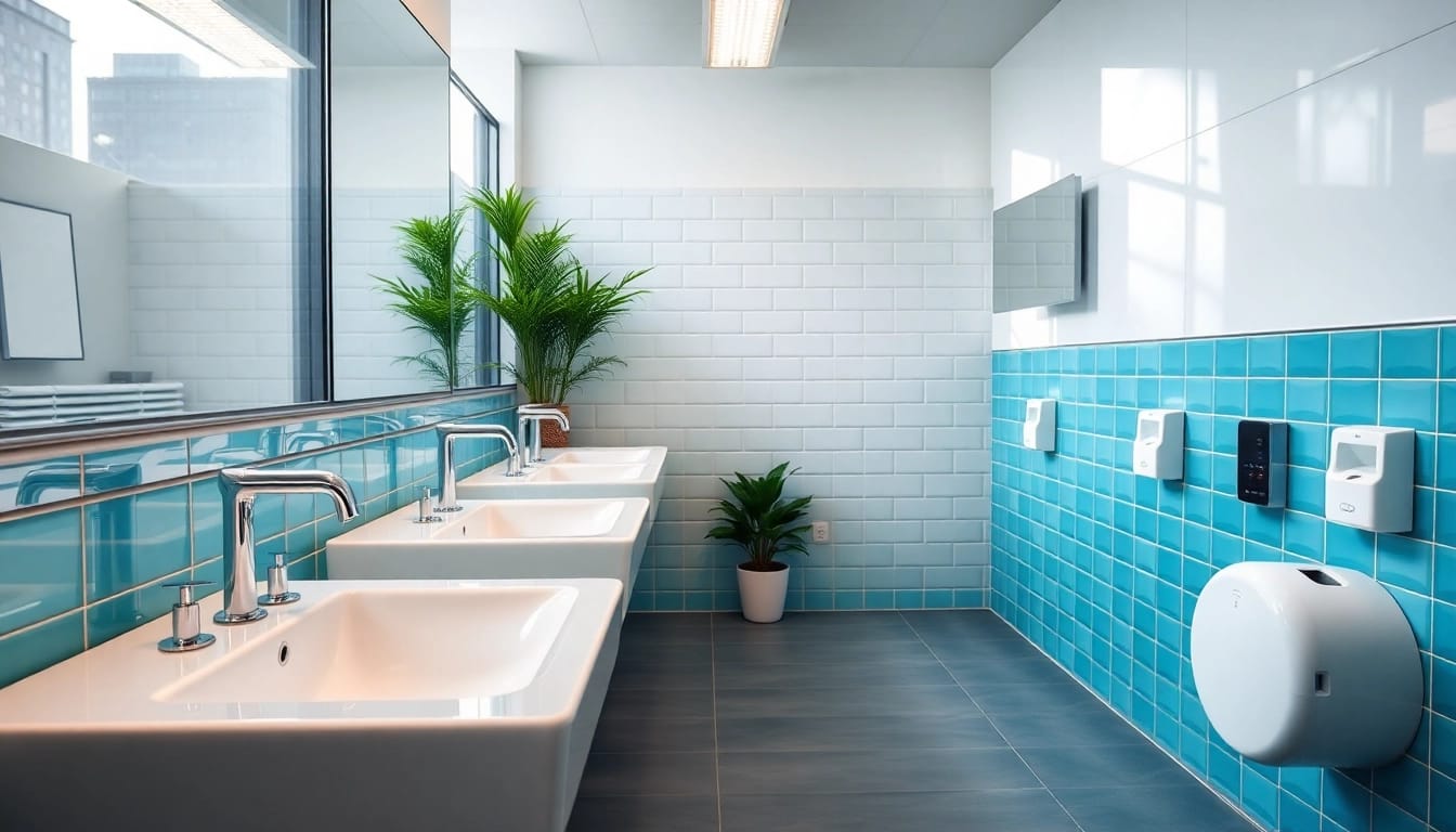 Renovated commercial washroom refurbishment featuring modern sinks, eco-friendly tiles, and natural light.