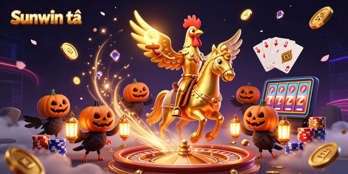 Experience the thrill of sunwin tải with a golden rooster and casino elements in a night scene.