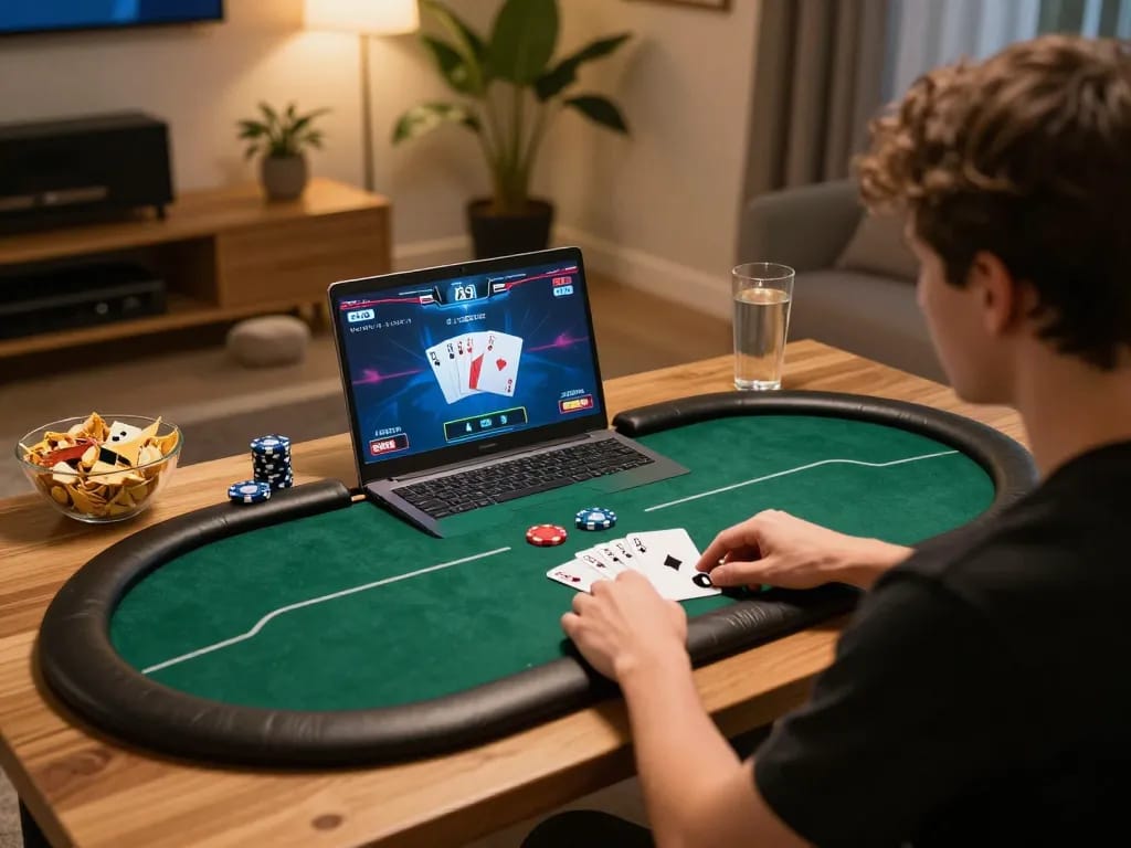 HB88 player engaging in a thrilling online casino game at home, showcasing cards and chips on screen