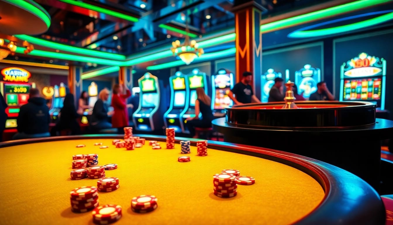Players enjoying vibrant poker and slot games at 58WIN's luxurious casino.