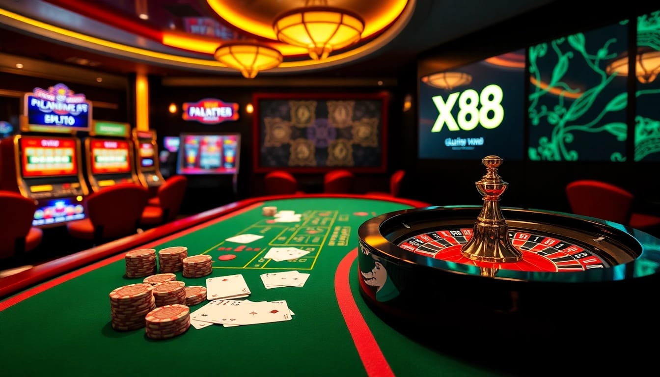 X88 casino scene showcasing poker and roulette with vibrant decorations.