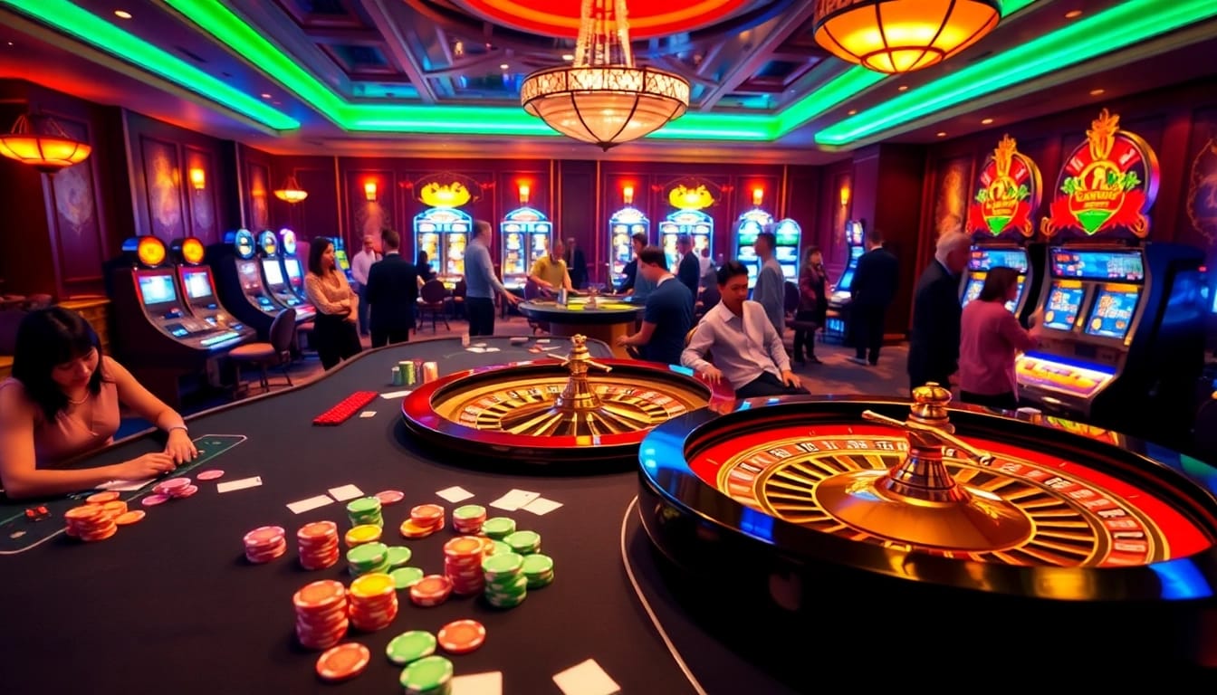 CM88 players engage in thrilling casino games with vibrant chips and bright slot machines.