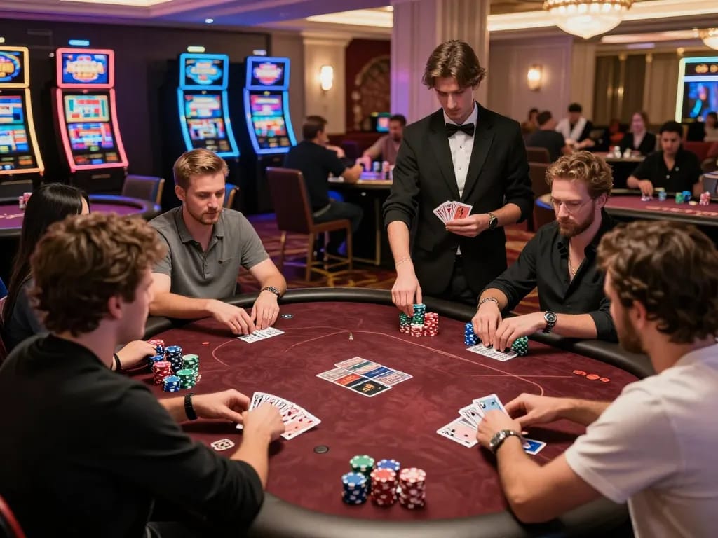 Players engaged in an exciting poker game at 58win com with strategic moves and vibrant casino atmosphere.