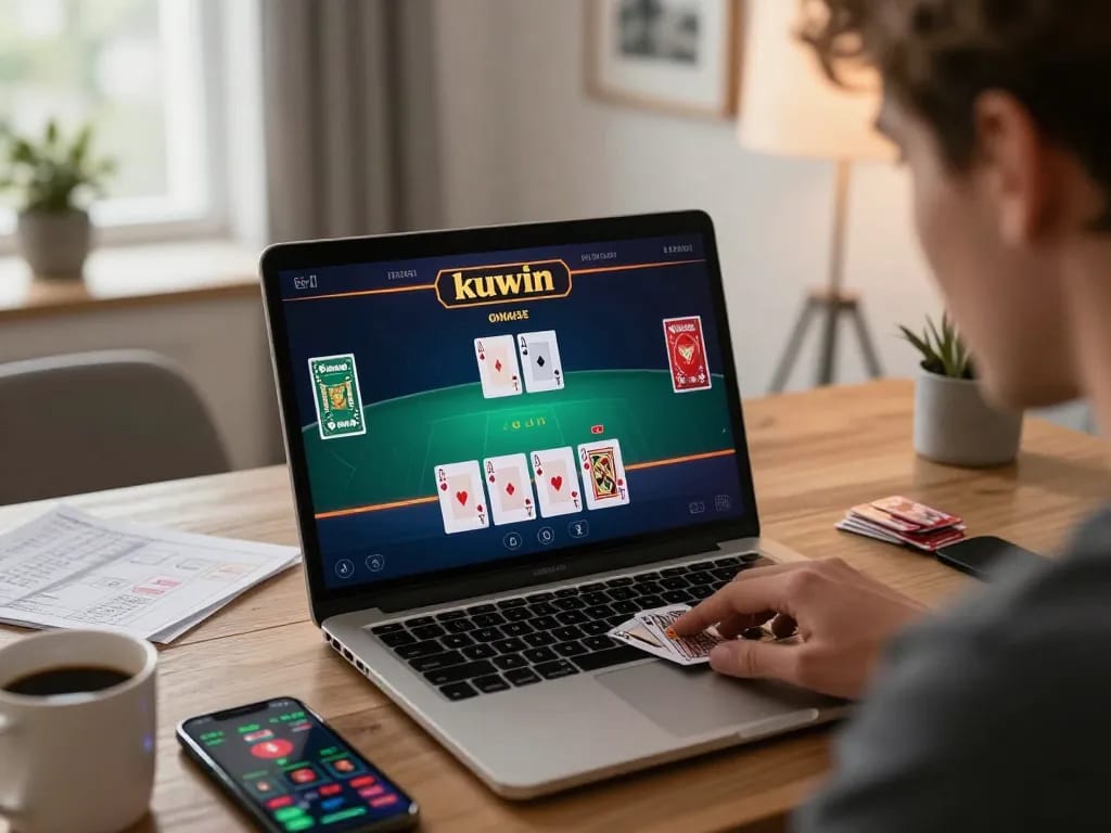 Engaging in a live dealer blackjack game on a laptop, illustrating kuwin online gaming strategy