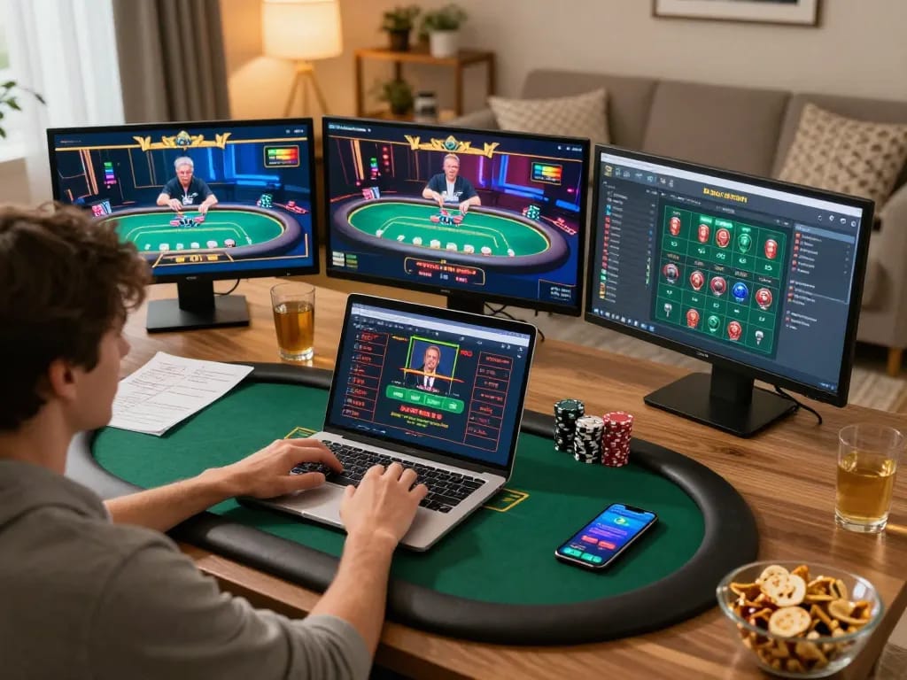 Player enjoying a poker game on ga8888 with live dealer action visible on screen, showcasing an engaging online gambling experience.