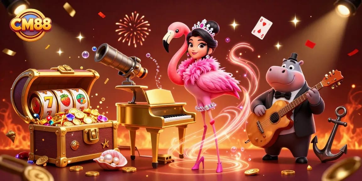 Experience thrilling gaming action at CM88 with vibrant characters in a casino-themed scene.