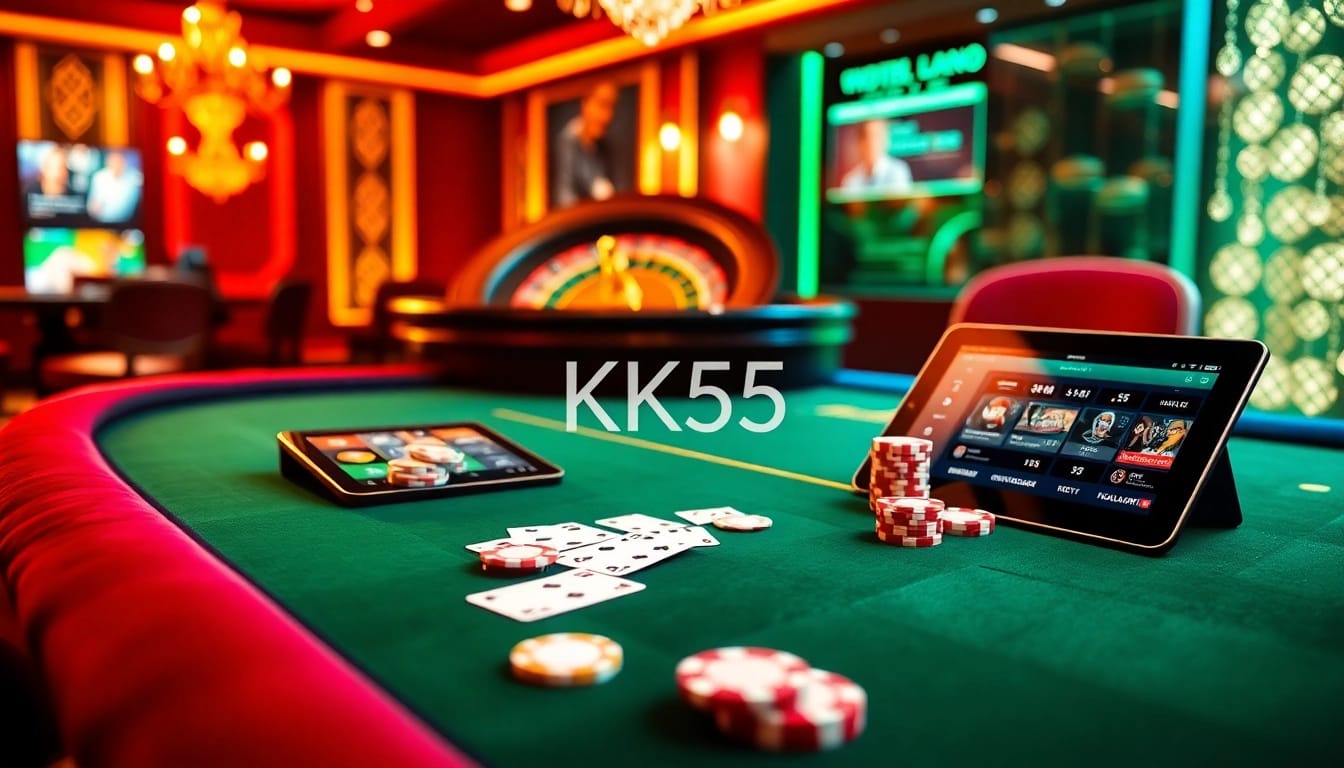 Players engaging at the KK55 casino, showcasing action-packed gaming tables and luxurious decor.