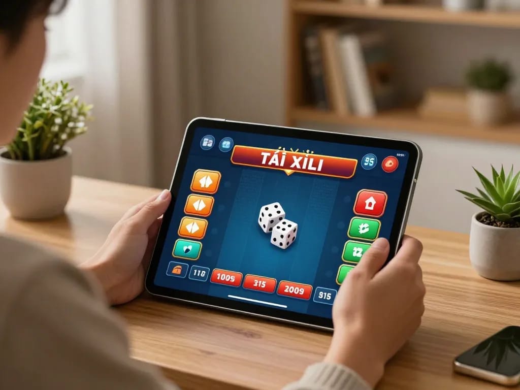 Engaging gameplay in a tài xỉu online session with vibrant tablet interface and cozy atmosphere.
