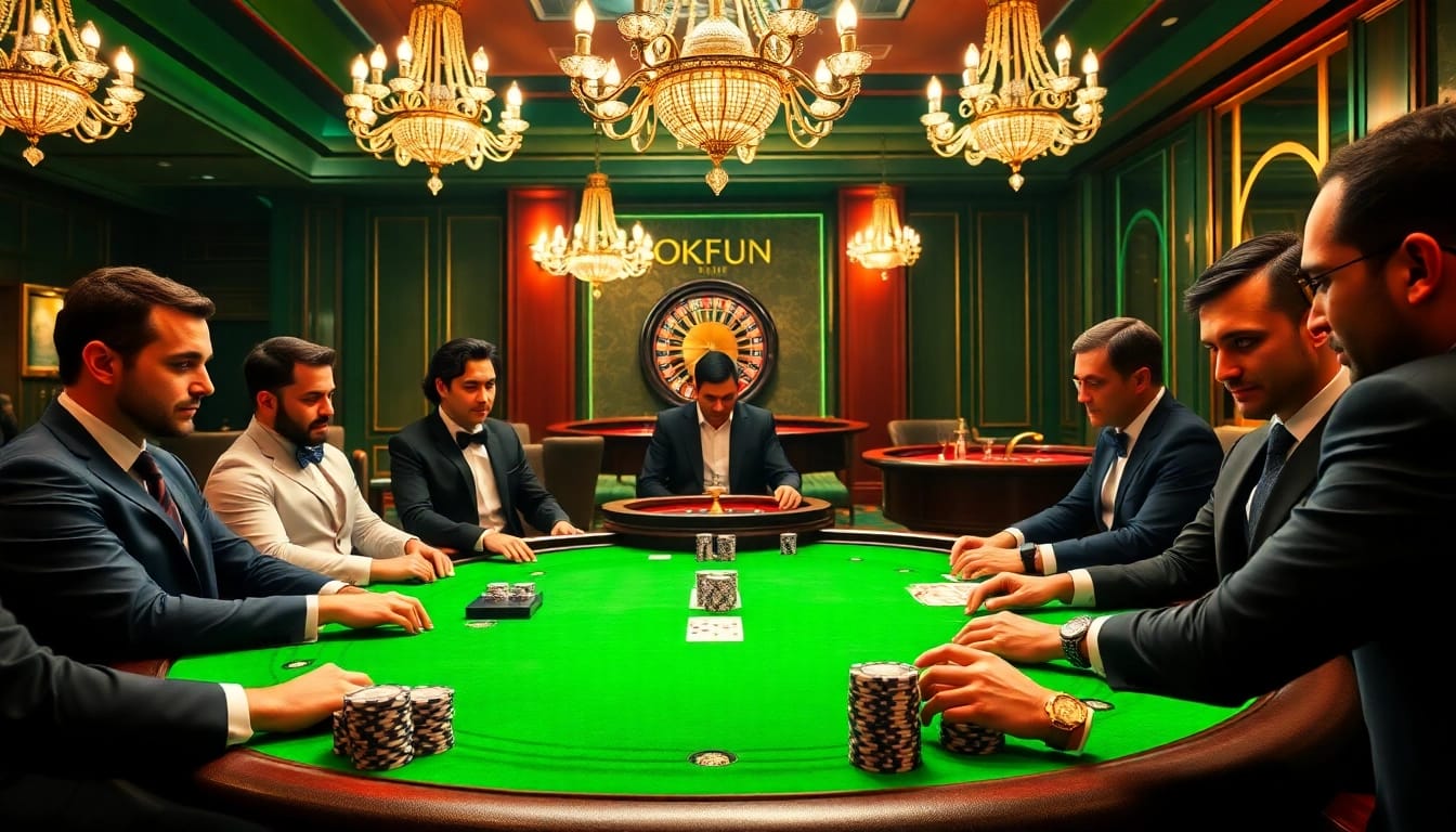 Players enjoying a thrilling poker game at OKFUN Casino, featuring vibrant graphics and luxury ambiance.