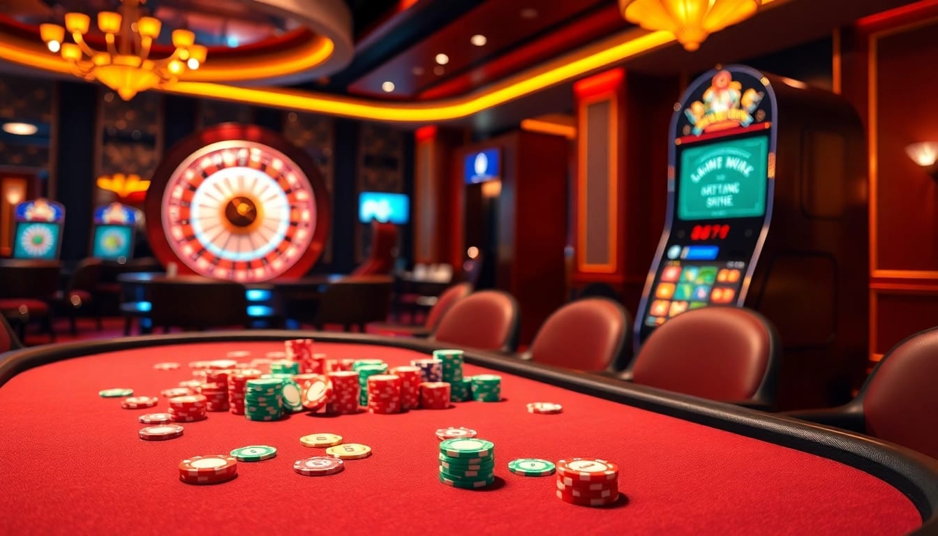 Engaging gambling experience at https://tg88.to/ with a vibrant poker table and roulettes.