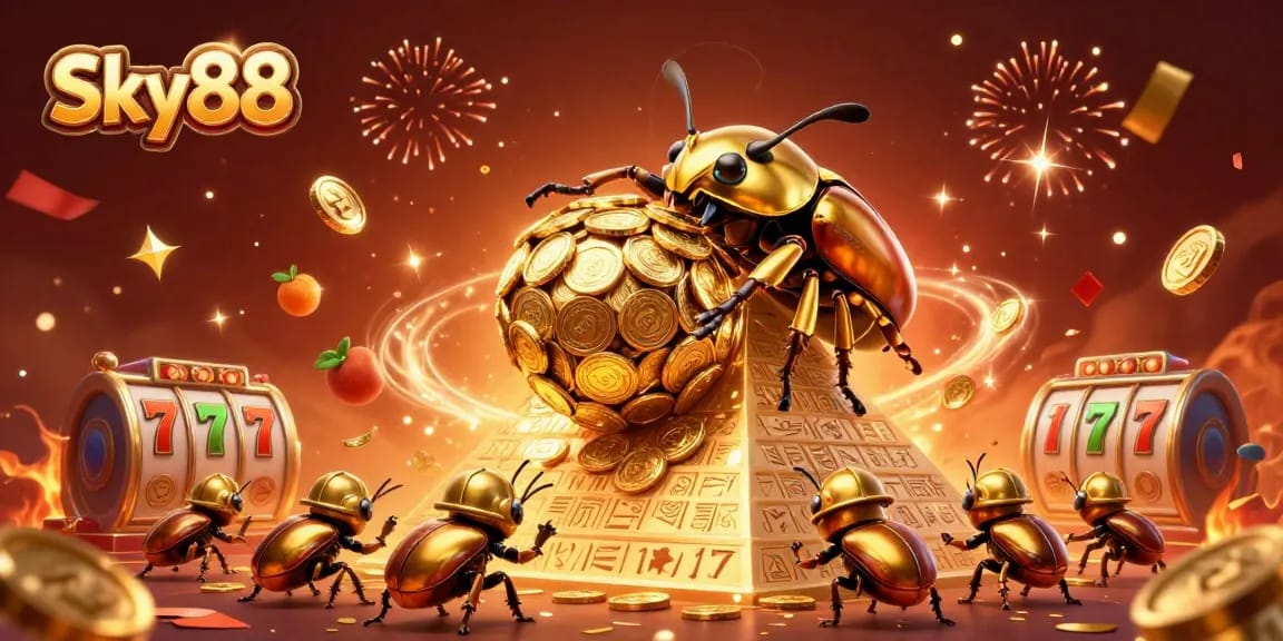 Spin to win at Sky88 with a thrilling 3D illustration of a golden beetle rolling coins in a dynamic casino scene.