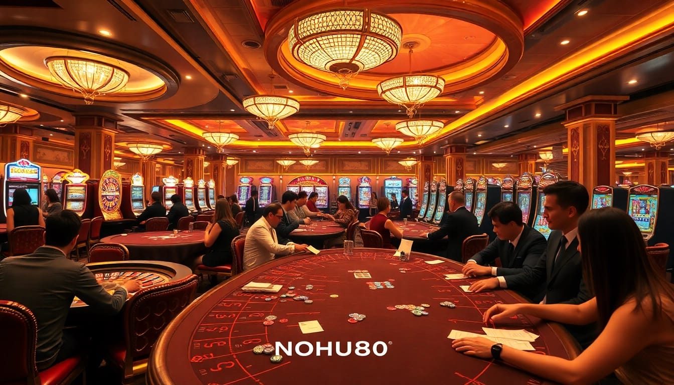 Gambling excitement captured in a vibrant casino scene featuring NOHU90 slot machines and poker tables.