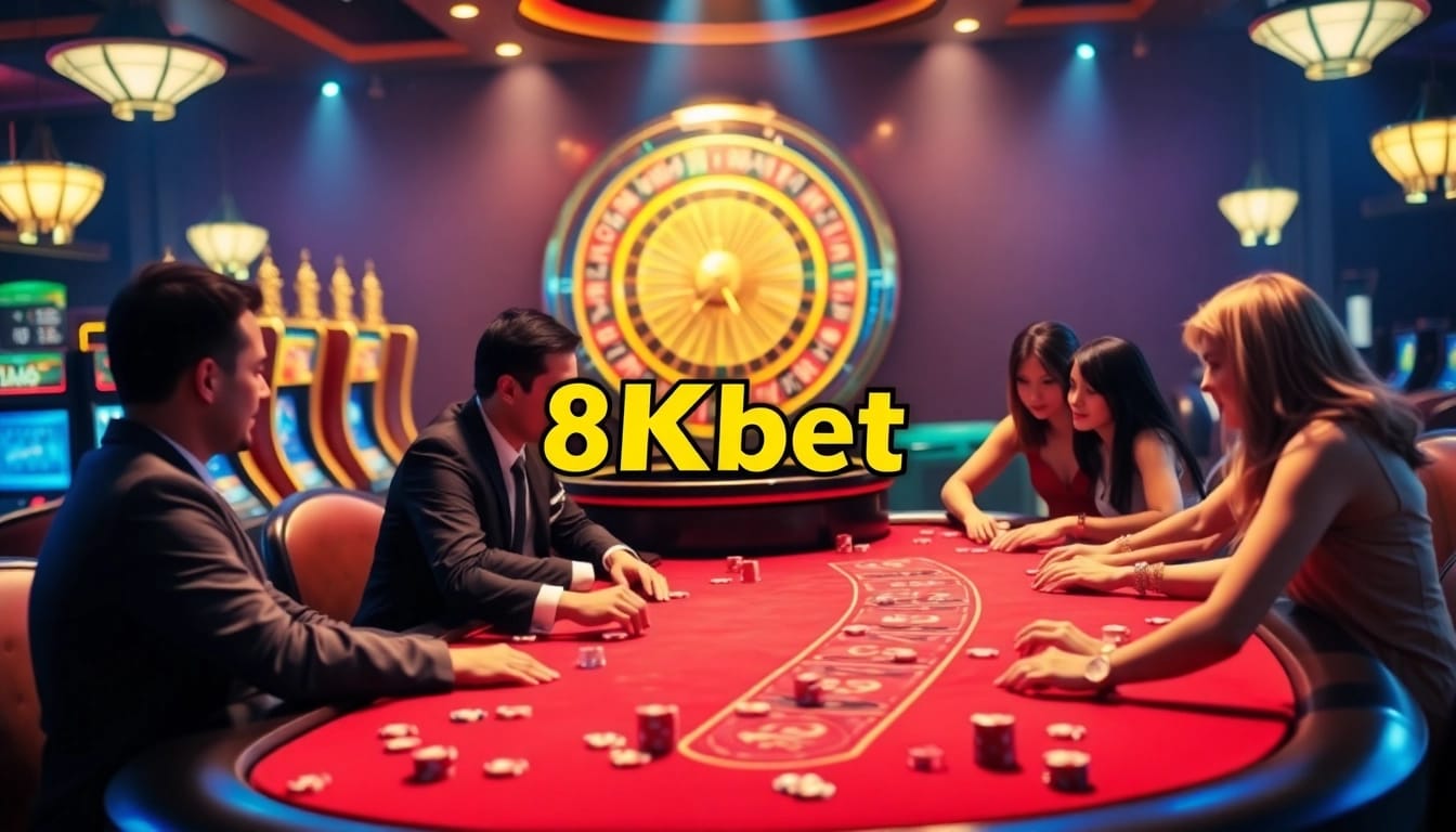 Experience thrilling poker action at 8kbet's luxurious casino table with vibrant slot machines.