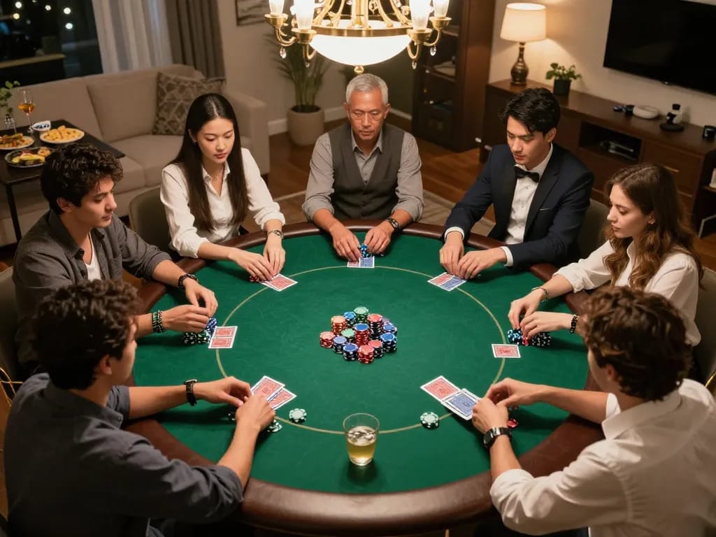 Engaging poker game night at home with friends, featuring https://tip88xyz.com/ strategies in action.