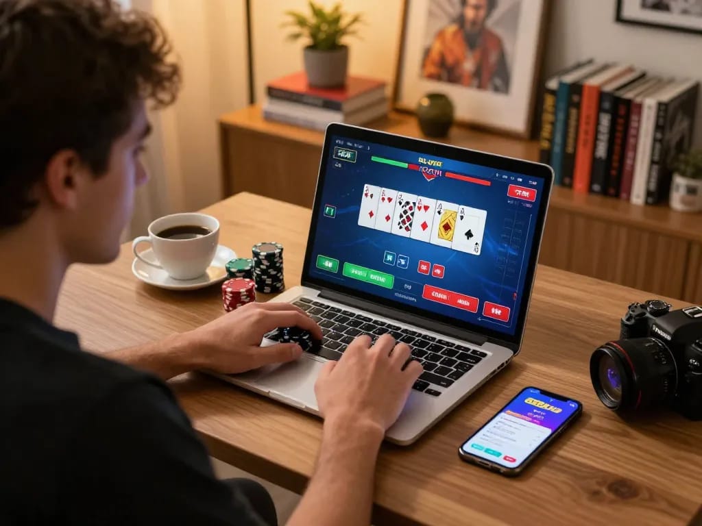 Player enjoying a poker game on 98win from a cozy home office setting, laptop displaying colorful cards