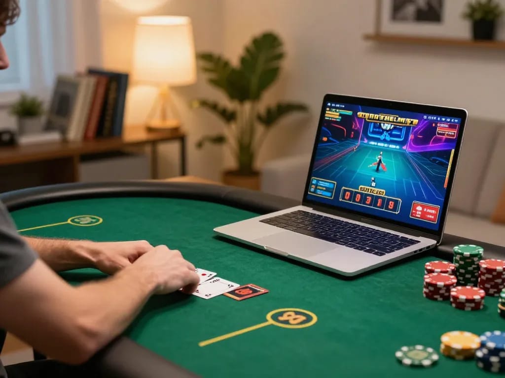 Player engaging in exciting online poker game with Okfun on laptop while managing bankroll.