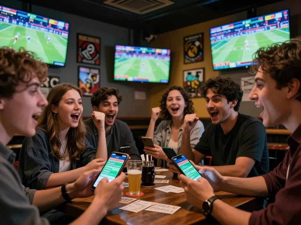 Friends celebrating sports bets at mm88.green in a vibrant bar environment showcasing live matches.