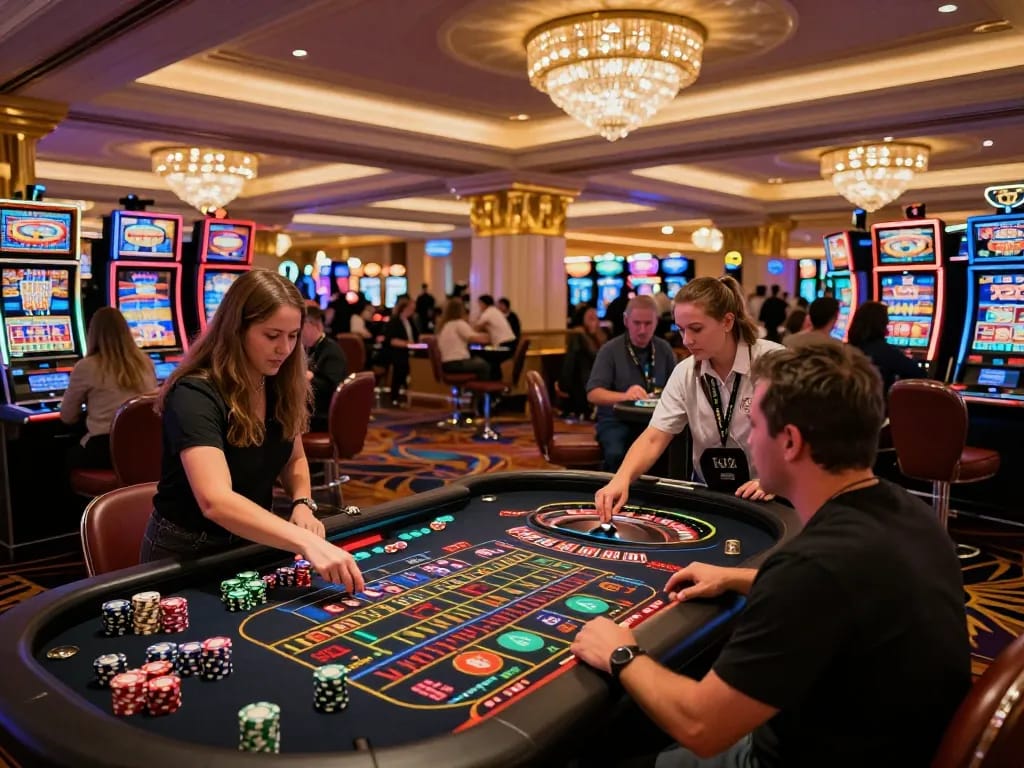 Players engaging in vibrant roulette action at a Las Vegas casino, representing the 7m excitement of gambling.