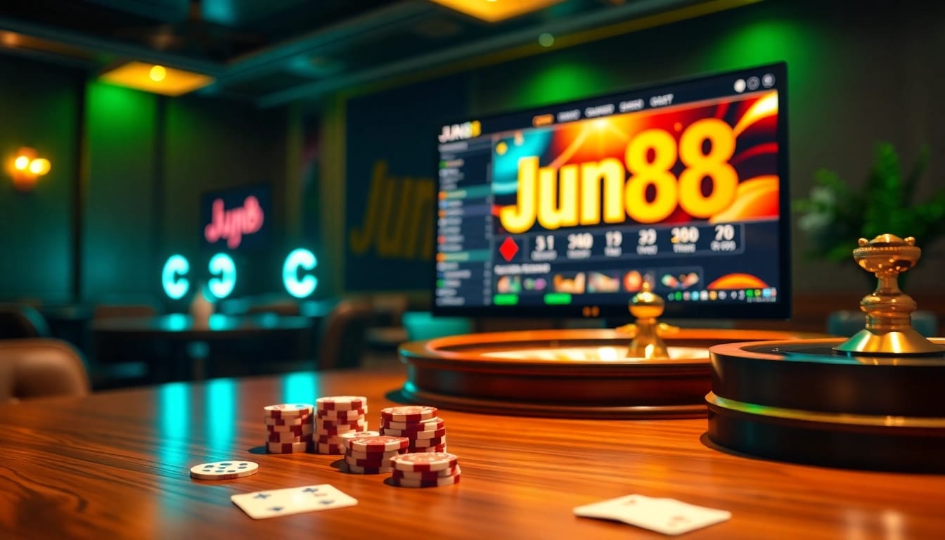 Place bets at https://jun88.pizza/ on a luxurious casino table featuring poker chips and cards.