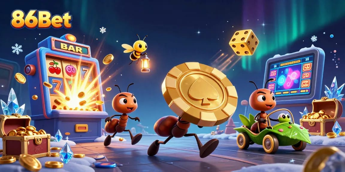 Engage in the excitement of 86Bet with dynamic ants heisting a golden poker chip amidst casino chaos.