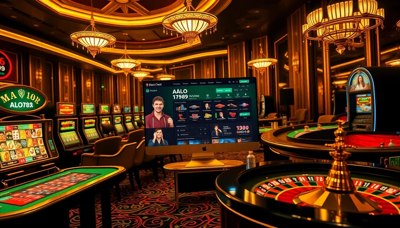 Engaging scene of ALO789 online gambling with players enjoying various games in a luxurious setting.