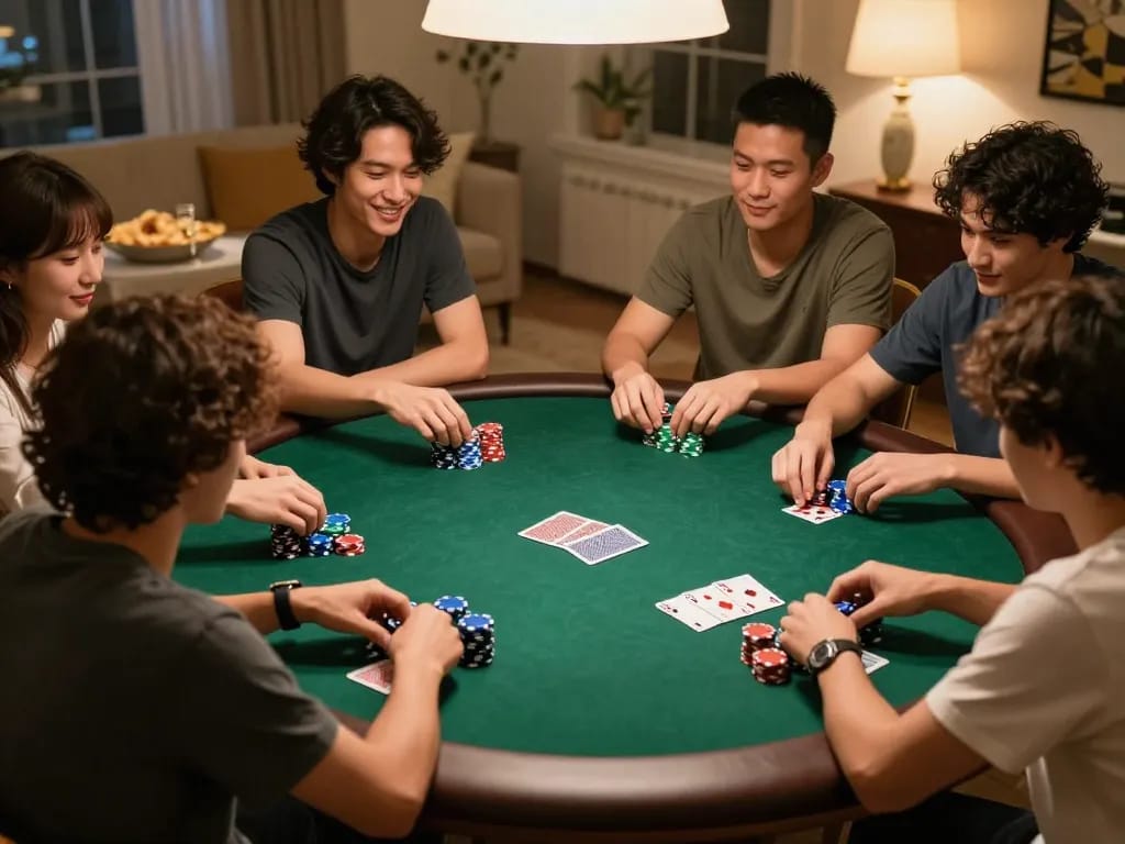 Friends playing poker with F168 chips stacked in a cozy home setting, showcasing a lively gaming atmosphere.
