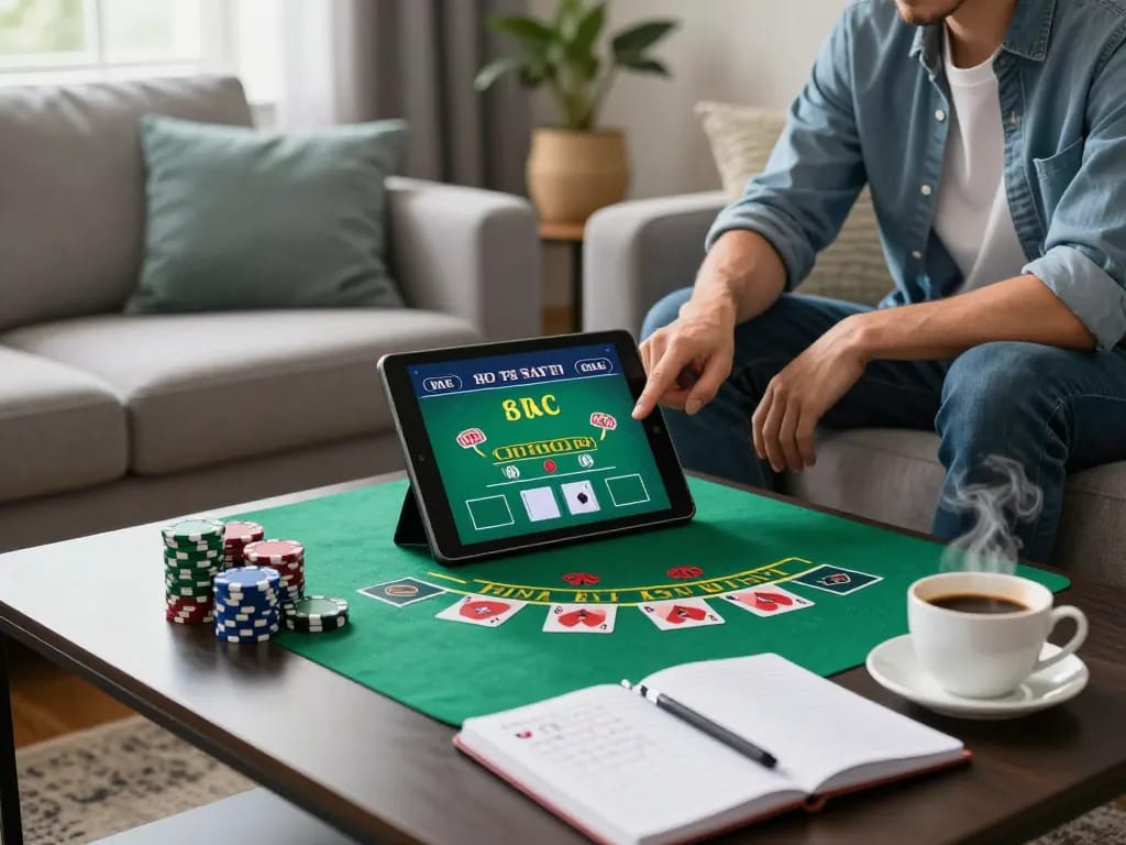 Vipwin player engaging with live dealer blackjack on a tablet in a stylish home setup.