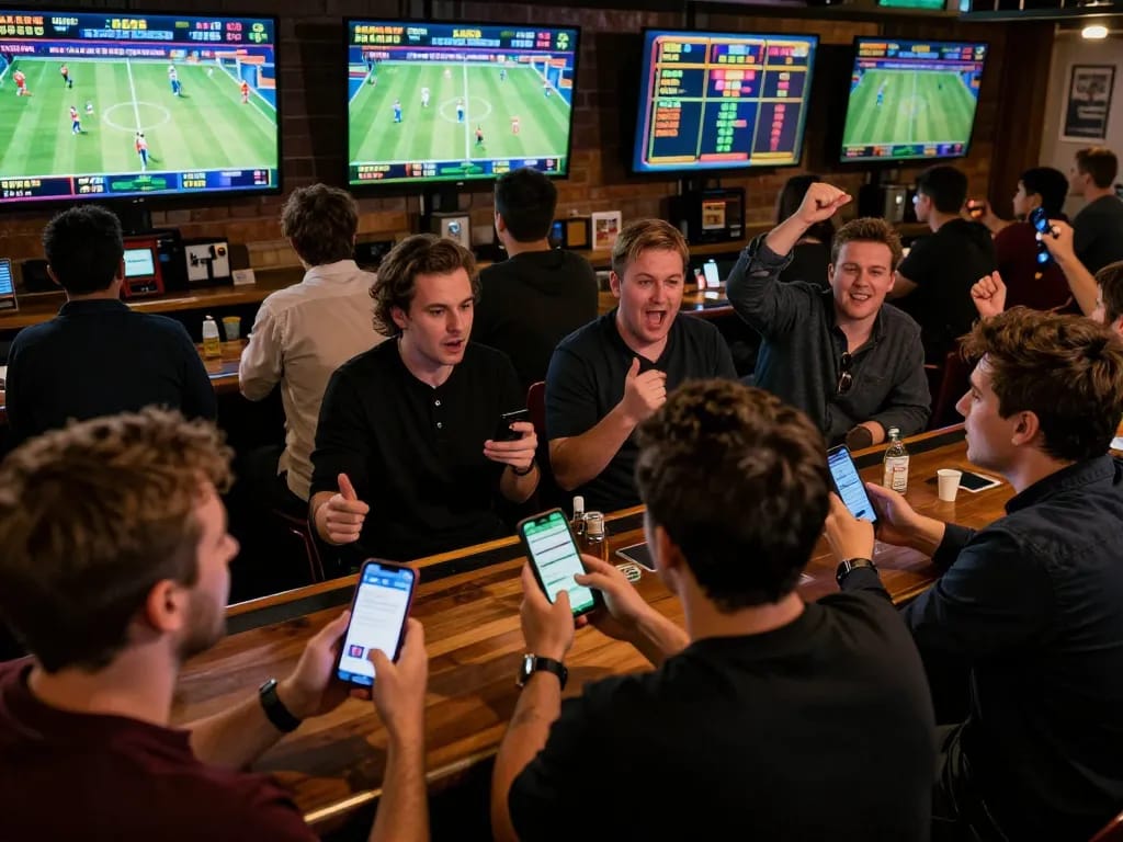 BL555 sports betting enthusiasts cheering while assessing game bets at a lively venue.