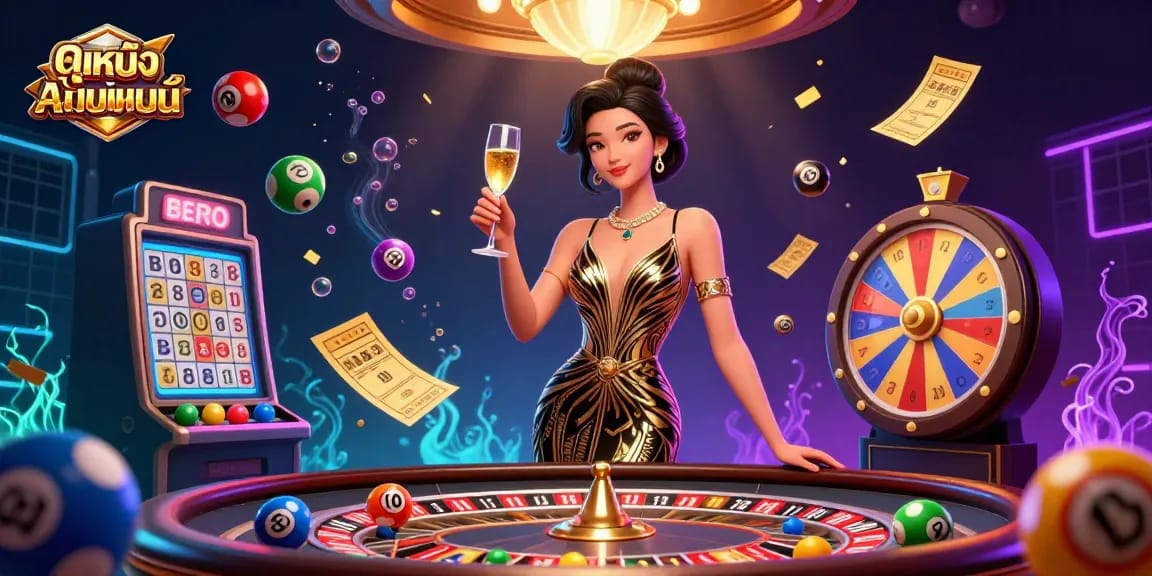 Experience ดูหนังออนไลน์ with an elegant Asian woman in a glamorous setting, surrounded by lottery game elements.