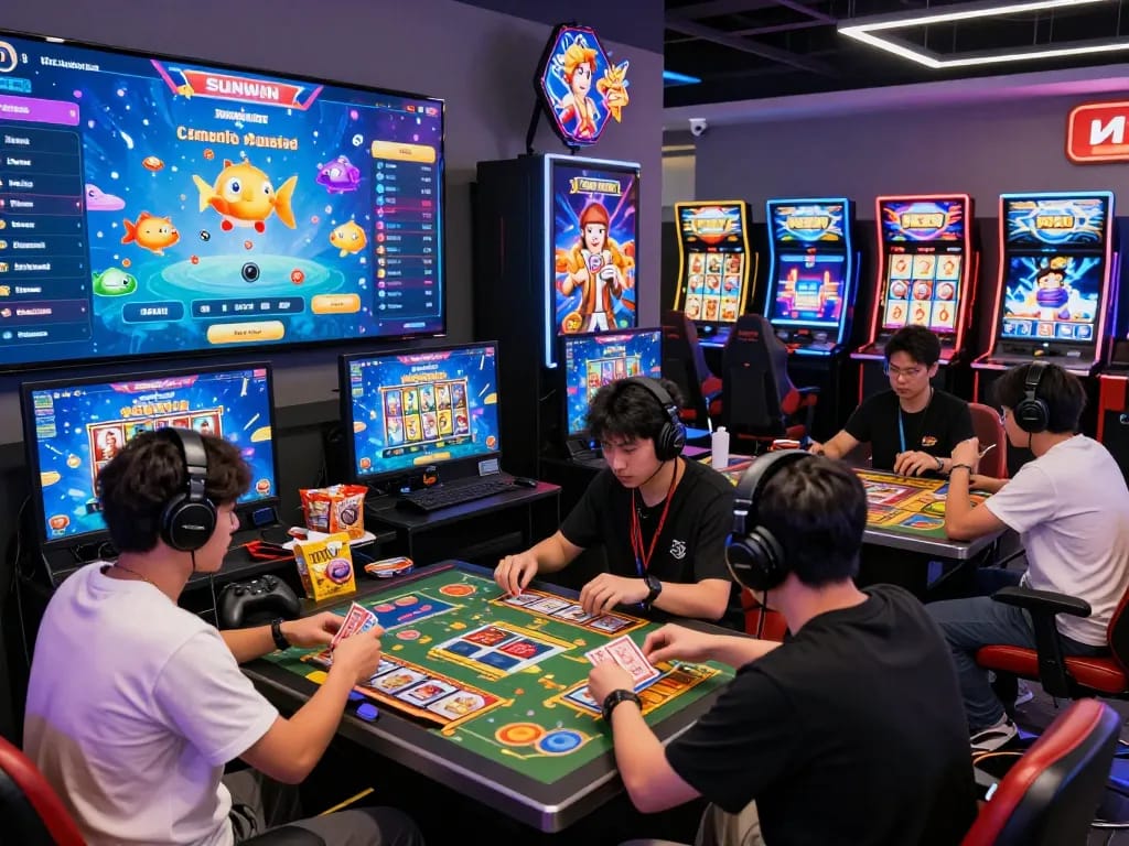 Sun win gaming experience with diverse players enjoying online games in a vibrant digital casino.