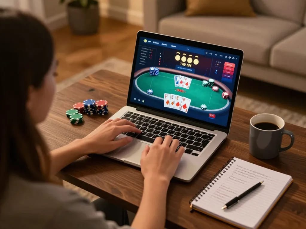 Link vào Hi88 showcased in a home gaming setup with poker gameplay on a laptop, emphasizing strategic online gambling.