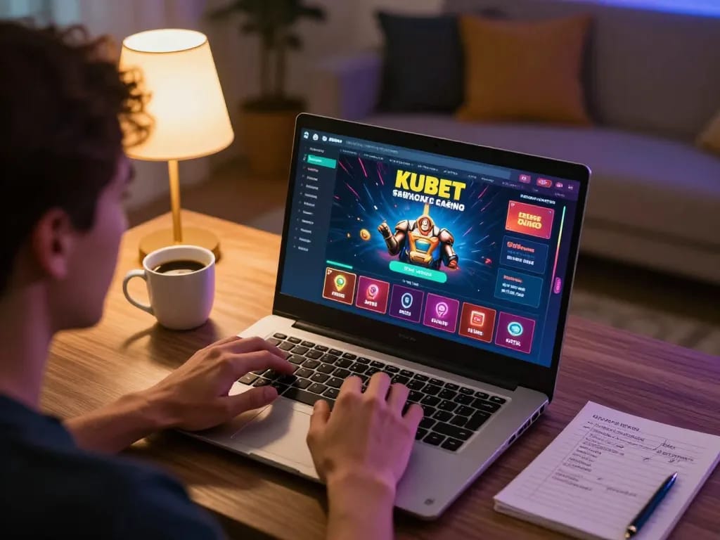 Engaged player examines kubet casino platform on a laptop, illustrating online gaming experience.