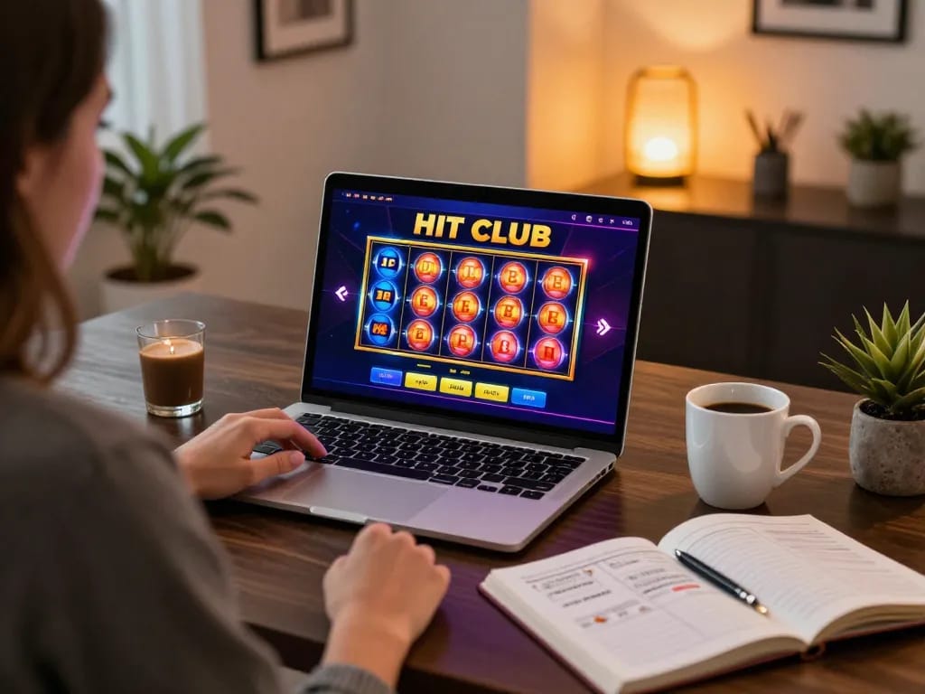 Engaging with the HIT CLUB online gaming platform, showcasing a vibrant slot game interface in a home setting