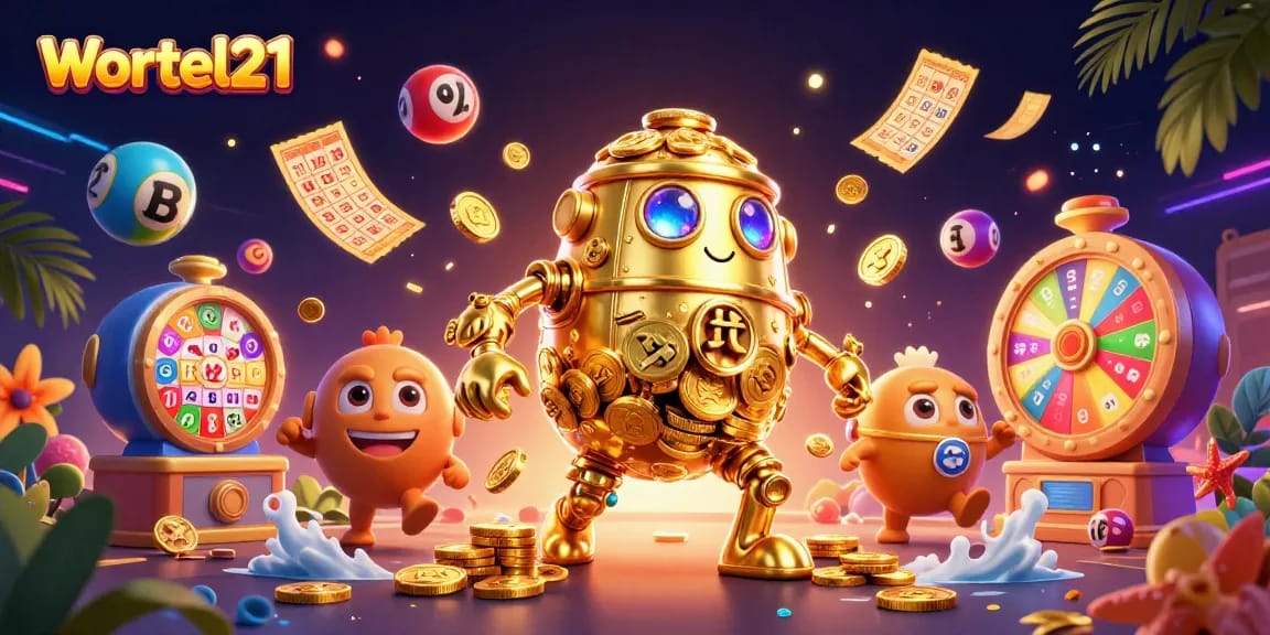 Engage with Wortel21 in vibrant casino-themed 3D illustration showcasing golden golem and interactive elements.