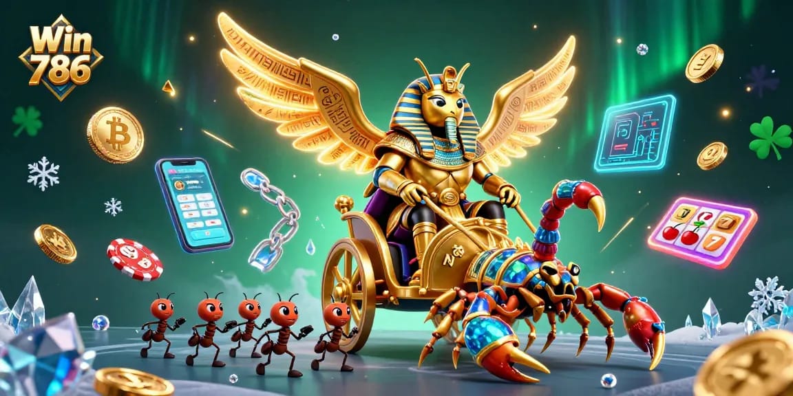 Win 786 showcases a stunning casino scene with vibrant characters and crypto-themed elements.