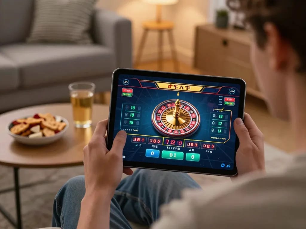 Engaging with Trang chủ QQ88 through a live roulette game on a tablet in a cozy home setting