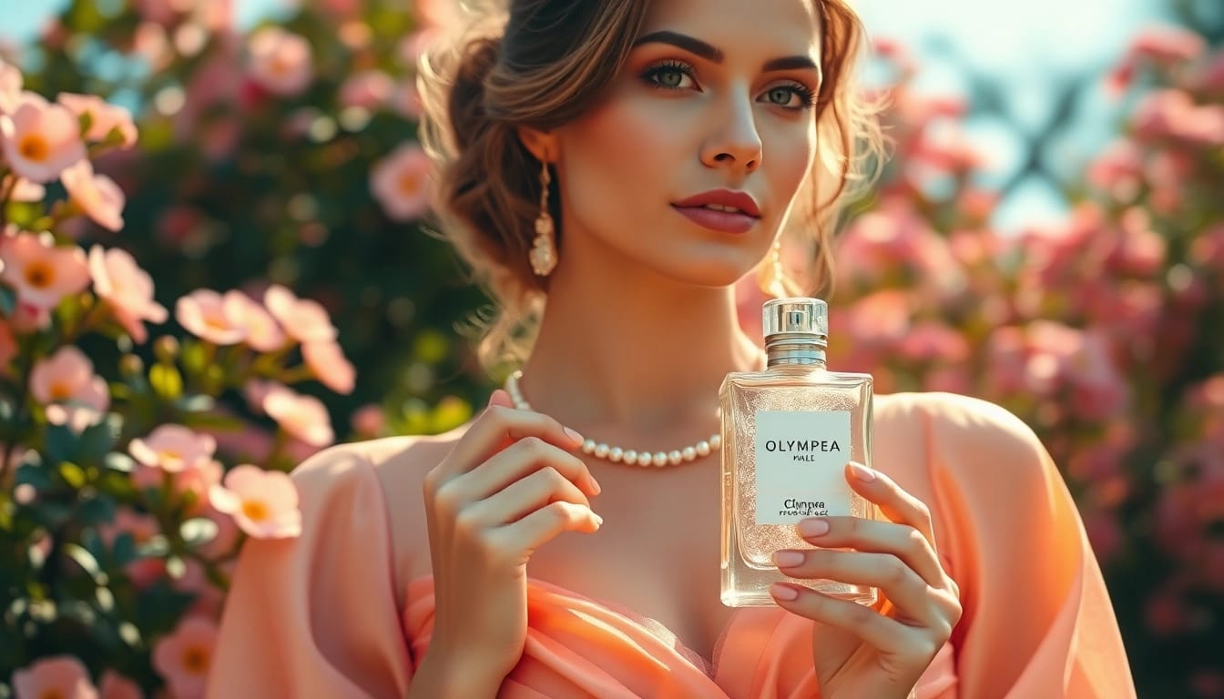 Experience the elegance of Olympea fragrance with a woman in a sunlit garden.