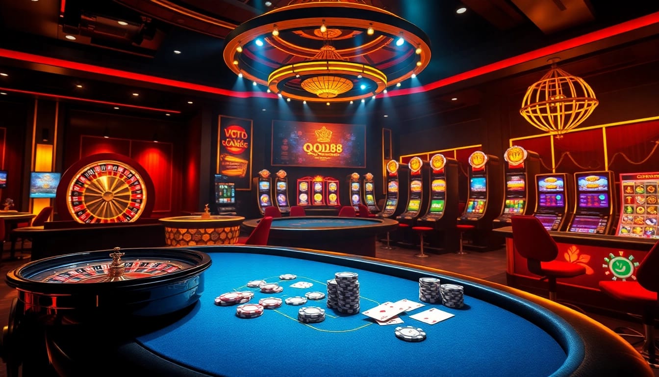 Experience the thrill of QQ88 online gambling with stunning casino elements like roulette and cards.