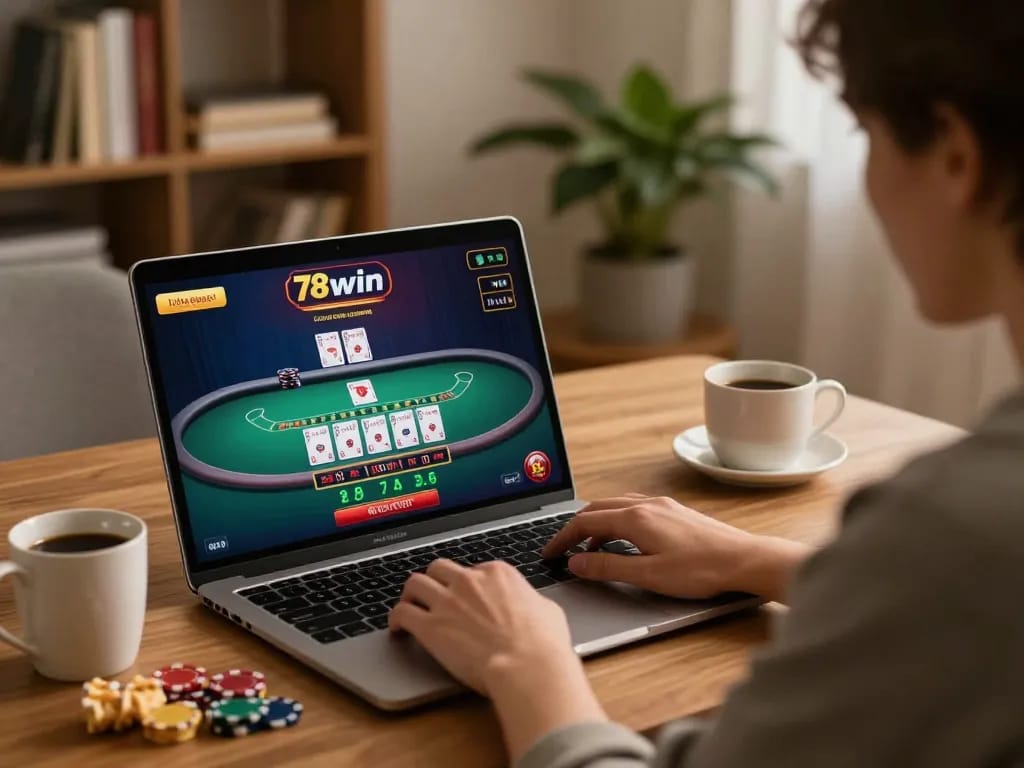 Engaged player enjoying a blackjack game on 78win platform from home, showcasing an immersive online gaming experience.