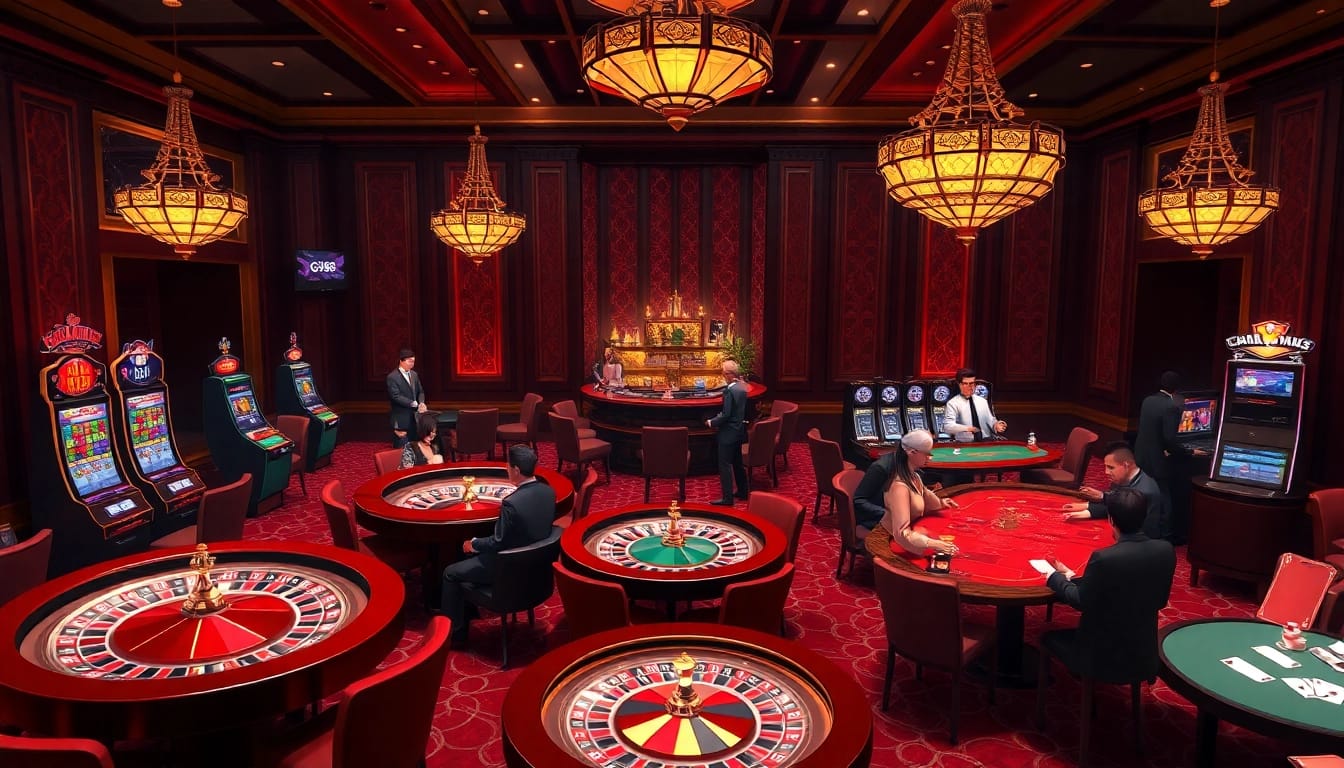 GG88 players enjoying a luxurious casino atmosphere with modern slot machines and roulette wheels.