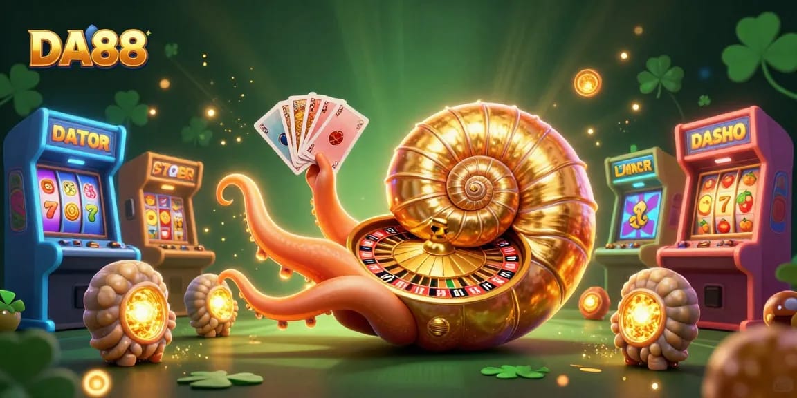 Engage with DA88 casino excitement featuring a nautilus roulette wheel, vibrant game elements, and golden sparkle