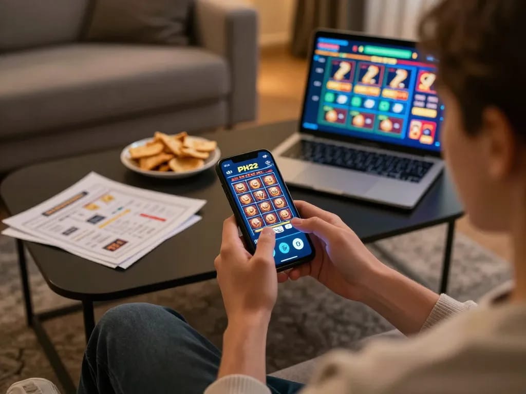 Activating the PH22 casino app for thrilling mobile gaming experience at home.