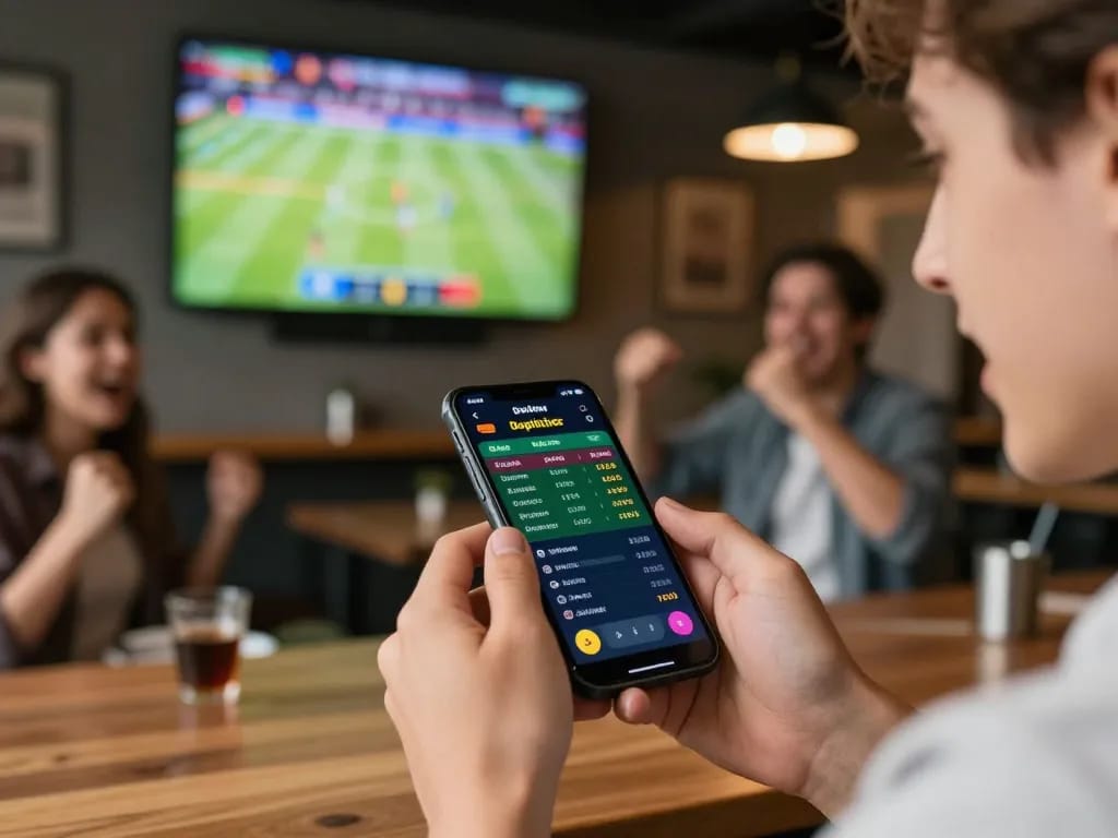 sc88 player excitedly placing a bet on sports using a smartphone at a lively bar