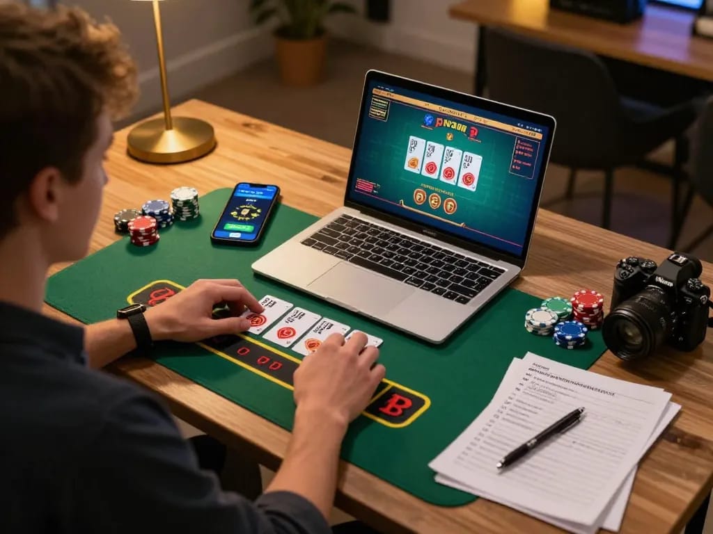 79KING user strategizing bets while playing online blackjack in a cozy, well-lit setup