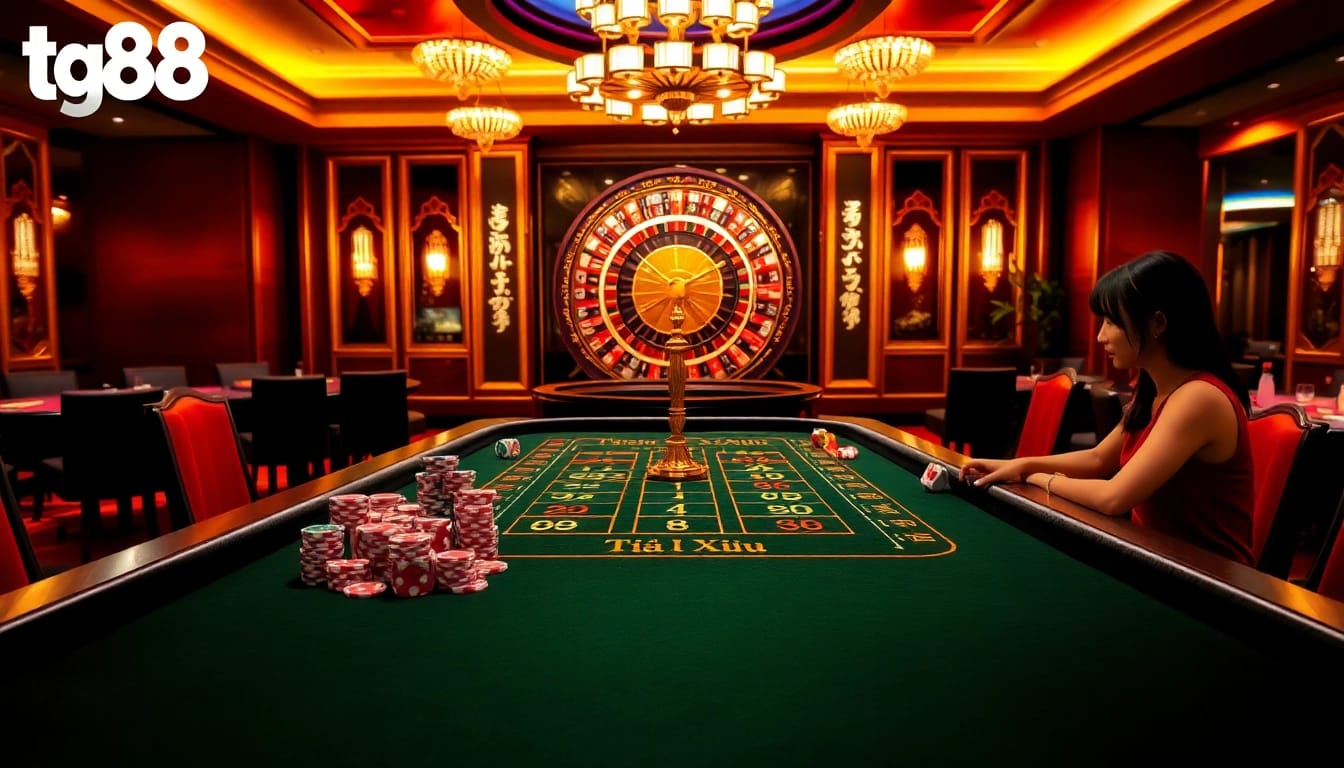 Engaging players at tg88's Tài Xỉu game, surrounded by vibrant casino elements.