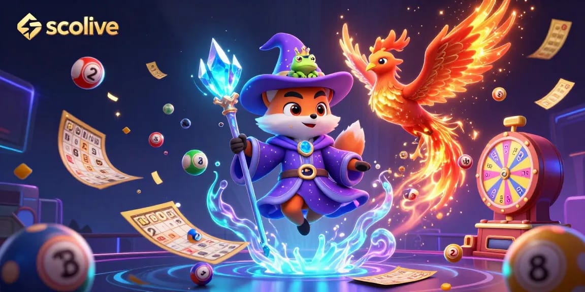 Socolive creates excitement with a vibrant scene featuring a wizard fox, phoenix, and lottery elements.
